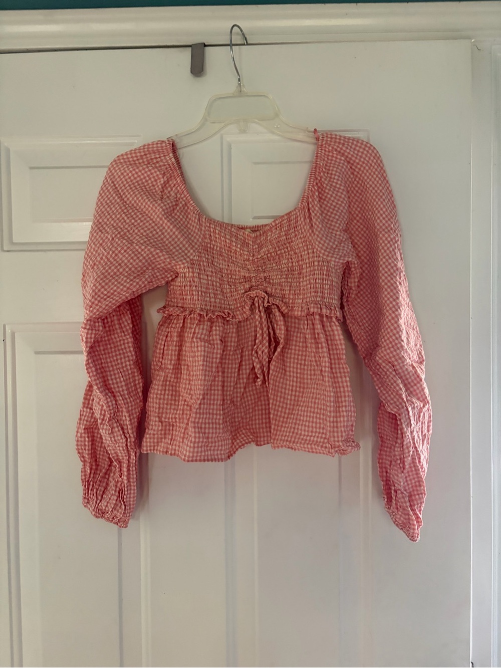 Smocked Gingham Tie-Front Blouse